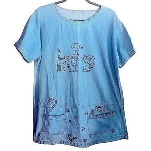 Vintage Cat Printed Chambray Pocket Tunic Top​
